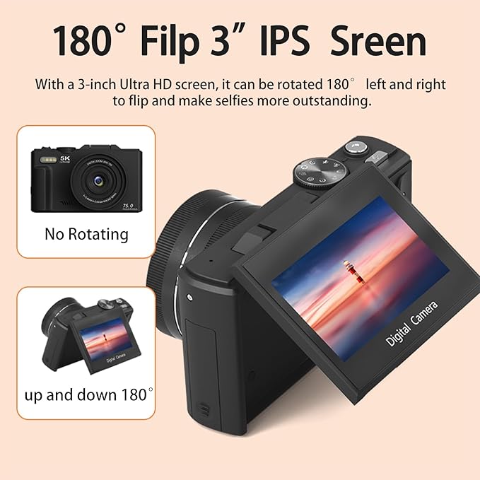 5K 75MP Digital Camera 18X Digital Zoom Upgraded Vlogging Cameras with WiFi &amp Mic Wide Angle &amp Macro Lens 3 180°Flip Screen Webcam Travel Cameras for Teens Beginner with 64GB Card HDMI
