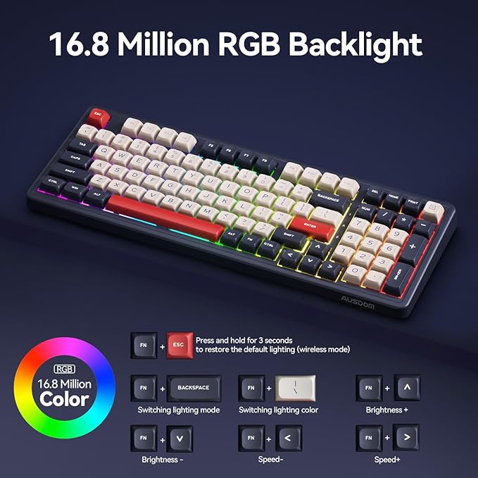 AUSDOM Wireless Bluetooth Mechanical Keyboard BT5.3/Type-C/2.4G Tri-Mode Hot swappable Custom Gaming Keyboards Gasket RGB Numpad Blue Computer Keyboard for Mac/Win/Office 98 Keys(Click Sound)