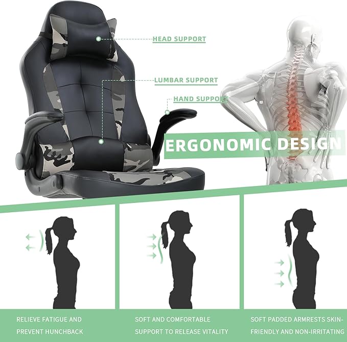 PC Gaming Chair Computer Chair Racing Gamer Chair Adjustable Ergonomic Office Chair Modern Desk Chair with Lumbar Support Flip Up Armrest Rolling Swivel Task Chair for Adults Women Men