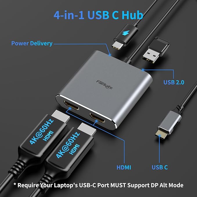 USB C to HDMI Adapter Dual 4K@60Hz 4 in 1 USB C to HDMI Converter with 100W PD Charging USB 3.0 USB C to HDMI Splitter Extended Display Compatible Thunderbolt 3/4