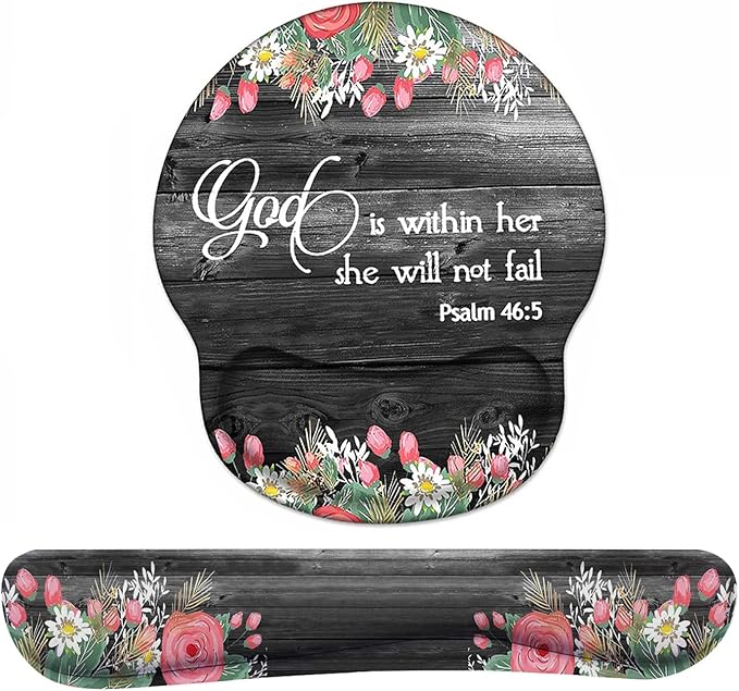 Keyboard Wrist Rest and Mouse Pad Wrist Support Set with Coasters Ergonomic Gaming Mousepad for Home Office Working Studying Easy Typing &amp Pain Relief Floral Quote Bible Verse Psalm 46:5