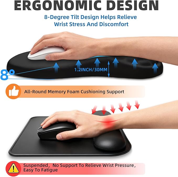 Ergonomic Mouse Pad Wrist Rest Carpal Tunnel Pain Relief Wrist Support Mousepad with Massage Bulge Memory Foam (Black 11.8x7.9 in)