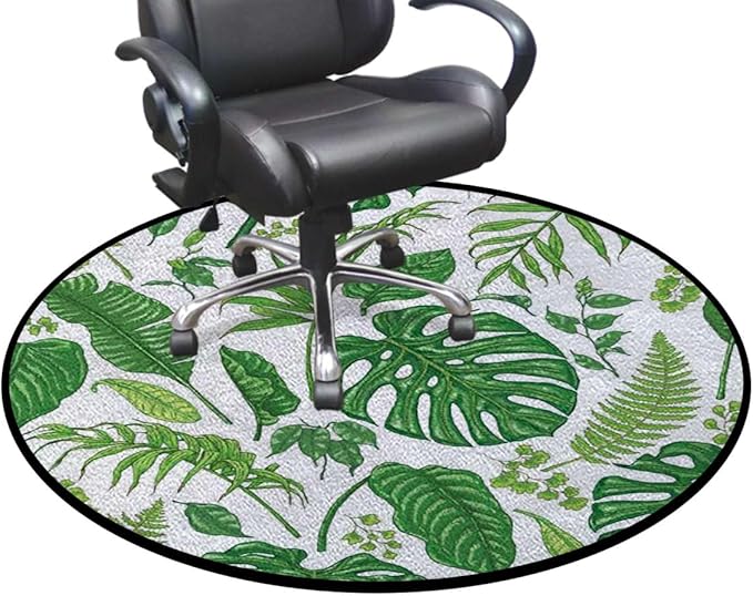 Fern Green Gaming Chair Mat Round Floor Mats for Office Chair Computer Gaming Desk Mat for Rolling Chair Non-Slip Gaming Rug Jungle Themed Picture with Leaves Exotic Art Diameter 35.4 in