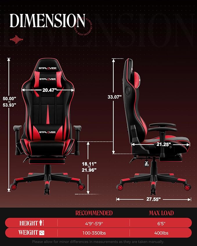 GTPLAYER Gaming Chair with Speakers Video Game Chairs with Footrest PC Game Chairs for Adults - Padded High Back Ergonomic Reclining Silla Linkage Armrest 909MF Black-Red