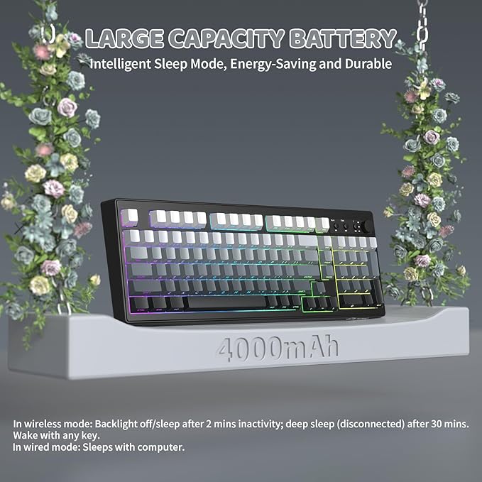 ZIYOU LANG K100 Wireless Gaming Keyboard99 Keys Tri-Mode BT/2.4GHz/USB-C Creamy Color Keyboard with Number Pad RGBMedia Knob Custom Programmable Computer Keyboards for PC/Mac/Xbox (Black)