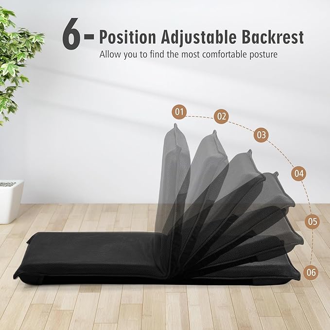 MAT EXPERT Adjustable Floor Chair 6-Position Mesh Floor Gaming Chair Folding Lazy Sofa Padded Lounger Recliner Cushioned Floor Chair with Back Support for Reading Meditating (Black)