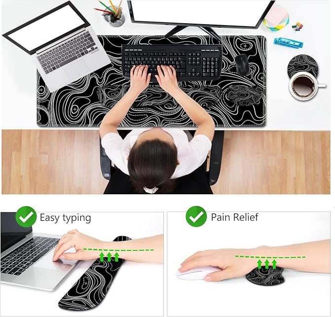 AIMSA Keyboard Mouse Pad Set Large Gaming Mouse Pad +Wrist Rest Mouse Pad +Keyboard Wrist Support +Coaster 35x15.7 inch Extended Desk Mat for Easy Typing Pain Relief (Black Topographic)