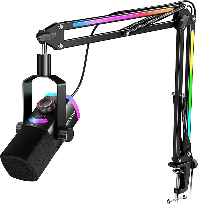 FIFINE Gaming Microphone Kit XLR/USB Dynamic PC Microphone with Boom Arm for Podcast Recording RGB Streaming Mic Set Tap-to-Mute Mix Control Headphone Jack-AmpliGame AM8PROT