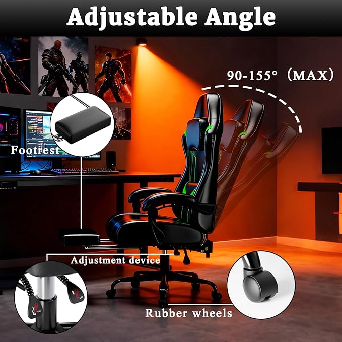 Gaming Chair with Pocket Spring Cushion and Footrest Ergonomic Computer Chair for Adults Breathable PU Leather Game Chair Adjustable Headrest and Lumbar Support Office Desk Chair