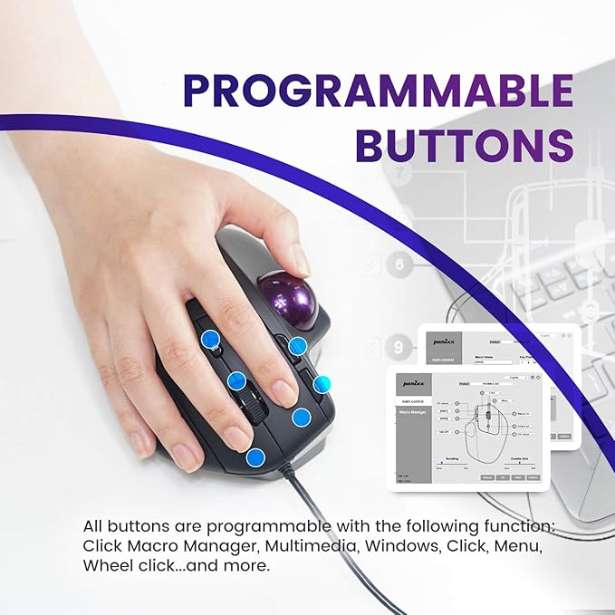 Perixx PERIMICE-520 Wired USB Ergonomic Programmable Trackball Mouse Adjustable Angle 8 Button Design Black (PM-520-11447)