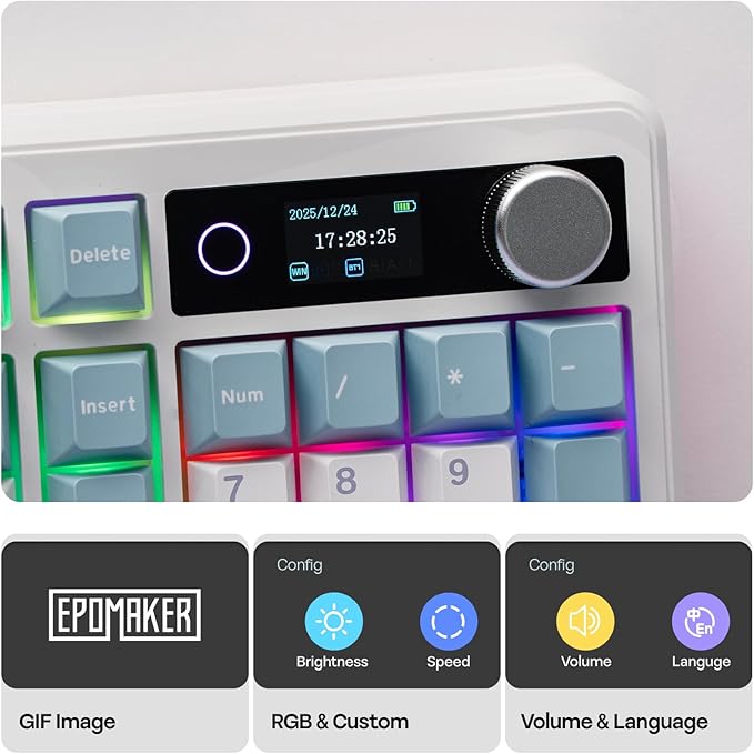 EPOMAKER TH99 PRO 96% Mechanical Keyboard with Screen &amp Knob 10000mAh 2.4Ghz/BT Hot Swap Custom Driver RGB Backlight PBT Keycap Wireless Gaming Keyboard for PC/Mac (Blue&ampWhite Sea Salt