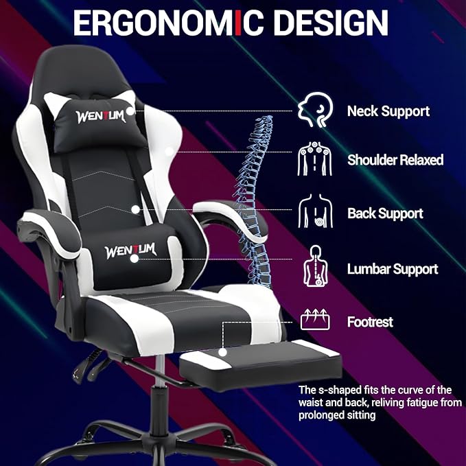 Ernogomic Gaming Chair with Massage PU Leather Computer Home Office Chair w/Footrest &amp Lumbar Support Video Game Chair for Adults Kids Men Women White