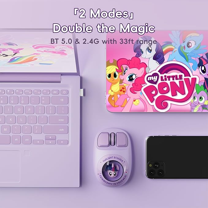 My Little Pony Wireless Mouse - Twilight Sparkle Edition 3D Character Design Silent Click Mouse with 1600 DPI Dual-Mode (2.4GHz/Bluetooth) Ergonomic for Mac/Windows