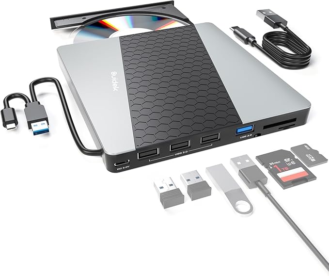 External CD DVD Drive USB 3.0 USB C Portable CD DVD +/-RW Burner DVD Player for Laptop with SD/Micro SD Card Reader 8 in 1 Hub Compatible with Laptop Mac PC Windows Linux