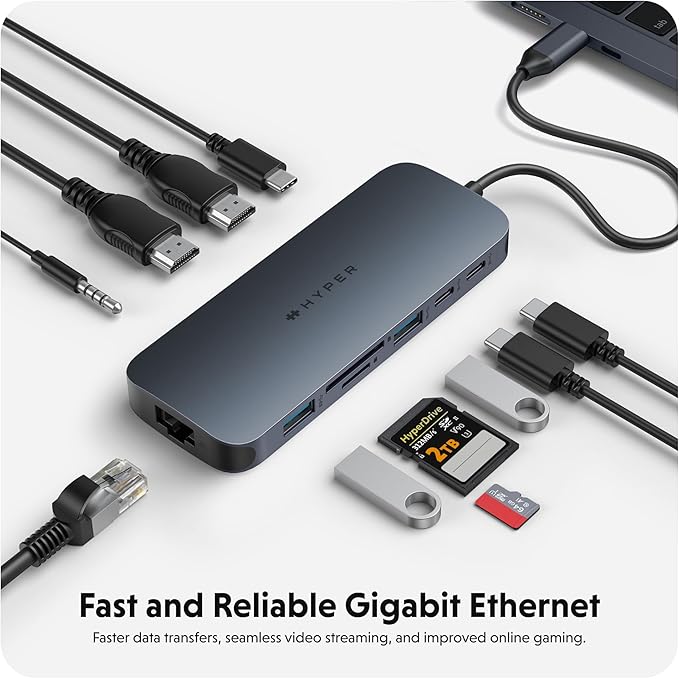 HyperDrive Next 11 Port USB C Hub for Mac PC and Chromebook w/ 2 4K60Hz HDMI 2 USB-A 2 USB-C Hub 10Gbps140W Power Delivery SD &amp microSD Card Reader Ethernet 3.5mm Audio Ports