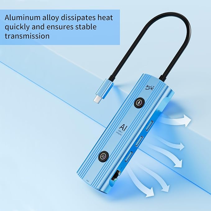 AI USB C Hub 12-in-1 Aluminum Blue Hub with GPT Voice Input 100W HDMI 4K VGA USB 3.0 Card Reader for MacBook HP Dell 0.48x0.15x0.06 Inches