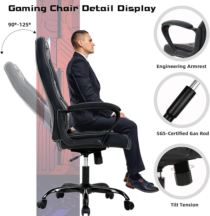 MKDLUFEI Video Game ChairErgonomic Office Chair Desk Chair and Lumbar Support PU Leather Recliner with HeadrestHeight Adjustable Computer Chair for Adults