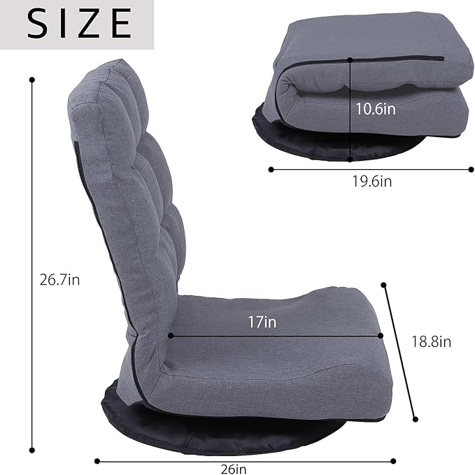 Swivel Floor Chair for TeensMultipurpose Gaming Chair Rocker for TV Reading Playing Video Games Lumbar Support Adjustable Foldable Backrest 8858Z (Grey)