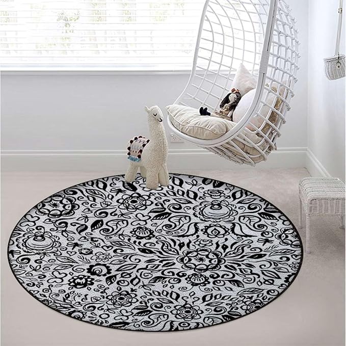 Black and White Gaming Chair Mat Under Computer Desk Floor Protector for Rolling Chairs Non Slip Anti Scratches Lace Pattern with Flowers and Floral Diameter 51 in