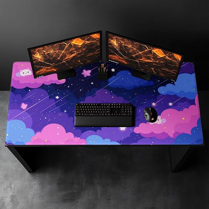 Extra Large Mouse Pad 48x24 Inch Cute Cartoon Cat Starry Sky Desk Mat with Non-Slip Base Purple Mousepad for Gaming Office Soft Keyboard Mat for Full Desk Coverage