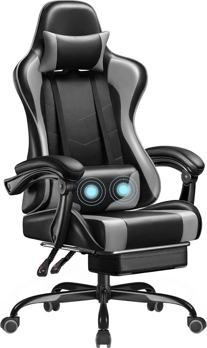 Homall Gaming Chair Video Game Chair with Footrest and Massage Lumbar Support Ergonomic Computer Chair Height Adjustable with Swivel Seat and Headrest (Grey)