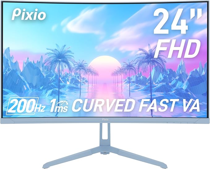 Pixio PXC248WAVE Blue 24 inch 200Hz Refresh Rate FHD 1080p Resolution 1500R Curve Fast VA Panel 1ms GTG Response Time HDR Curved Gaming Monitor and PS1S Wave Blue Single Monitor Arm - Fits up to 32 in