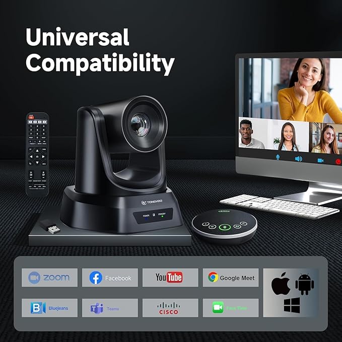TONGVEO 5.8GHz Wireless Conference Room Camera System with Bluetooth Microphone20X 60fps PTZ Camera for Worship Online Conference Works with Zoom Skype OBS Easy to Set Up