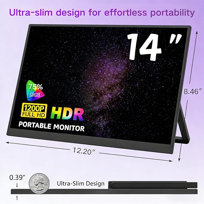 14inch Portable Monitor 1200 IPS Panel 60Hz Refresh Rate USB-C Port for Laptops Compatible with PS4/PS3/Xbox One/Switch