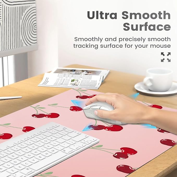 Cute Kawaii Cherry Office Desk Mat 23.6''X11.8''Pretty Design Desktop Mat Pu Leather Large Mouse Pad Aesthetic Mousepad Non-Slip Table Mat for Girls Women Home Work Computer Game