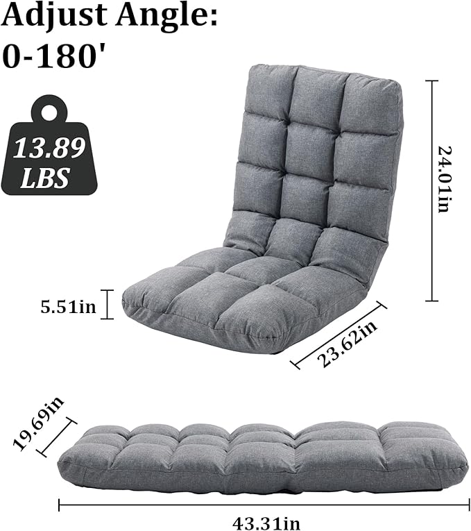 Folding Floor Gaming Chair with Back Support 14-Position Adjustable Recliner - Padded Cushion with Breathable Linen &amp Cotton Blend for Adults &amp Kids Perfect for Gaming Reading &amp Meditat