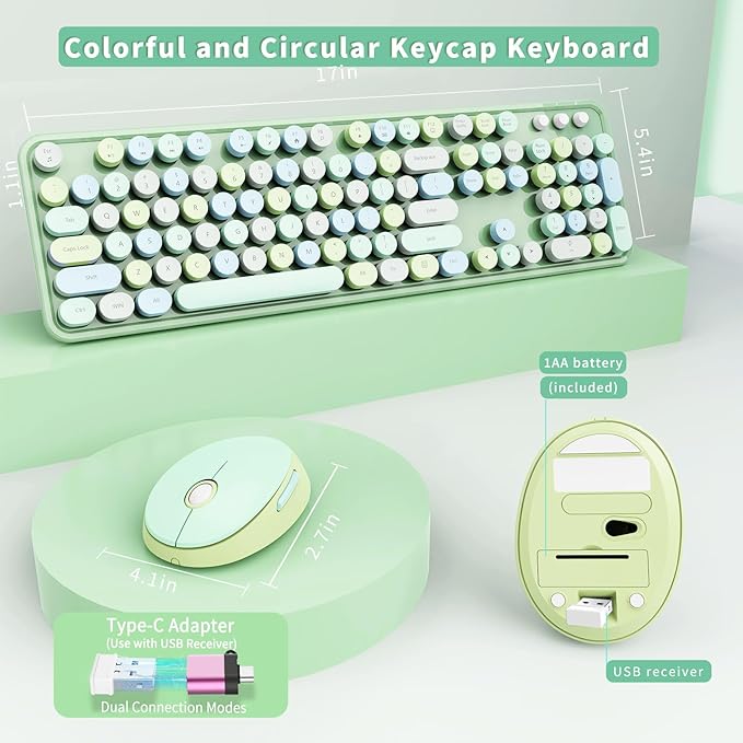 Wireless Keyboard and Mouse Combo Ergonomic Full Size Typewriter Retro Round Keycaps Keyboard Compatible with Windows PC Perfer for Home and Office Keyboards (Green