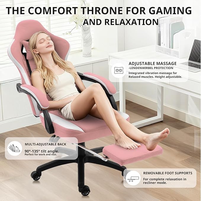 Dowinx Gaming Chair Breathable Fabric Game Chair with Gel Pad and Storage Bag Comfortable Gamer Chair with Pocket Spring CushionErgonomic Computer Chair with FootrestPink