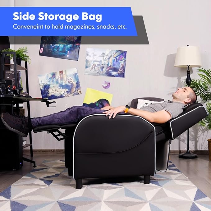 GYMAX Gaming Recliner Massage Gaming Chair with Adjustable Backrest Footrest Remote Control &amp Side Pocket Ergonomic Game Lounge Chair Racing Style Single Theater Seat Game Sofa for Adults (Whi