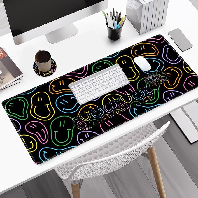 Large Gaming Mouse Pad Set 4 in 1 Extended Keyboard Desk Mat with Wrist Rest Computer Game Mousepad Non-Slip Desk Pad Protector Easy Typing Pain Relief for Home Office I Black Retro Hippie