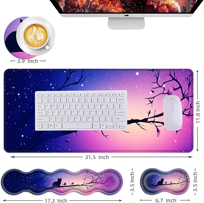 Mouse PadLarge Desk Mat Set 4in1 XL Mousepad + Keyboard Wrist Rest+Mouse Wrist Rest+Coaster with Ergonomic Desk Pad for Home Office Table Computer Cover -Cat and Birds on Branch