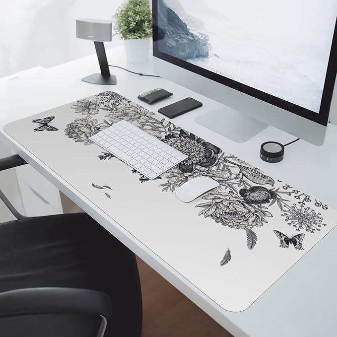 Peony Butterfly Large Mouse Pad Gaming Mousepad with Wrist Support Rubber Computer Keyboard Mat for Desk Laptop Non-Slip Full Deskmat Protector Waterproof Writing Pad Office Home 16x35.5 in