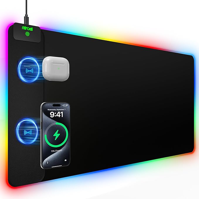 Mouse Pad with 15W Magnetic Wireless Charging 31.5x15.75 Inch RGB Mousepad for Desk Mat XXL Desk Pad with 11 Colors &amp 5 Modes Home Office Large Keyboard Pad Waterproof Non-Slip for Gaming PC Se