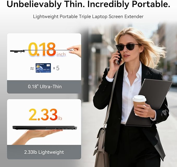 Laptop Screen Extender One Cable - Triple 14 Ultra Thin IPS FHD 1080P Portable Monitor for 13.3-17 Laptops Compatible with Windows Mac Travel Work