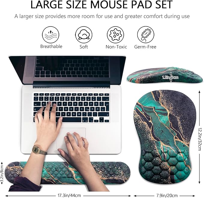Mouse Pad Wrist Support Laokiiy 2 in1 Keyboard Wrist Rest+ Ergonomic Mouse Pad Non-Slip Wrist Rest for Computer Keyboard Made Easy Typing &amp Relieve Wrist Pain（Green Gold Black Marble）
