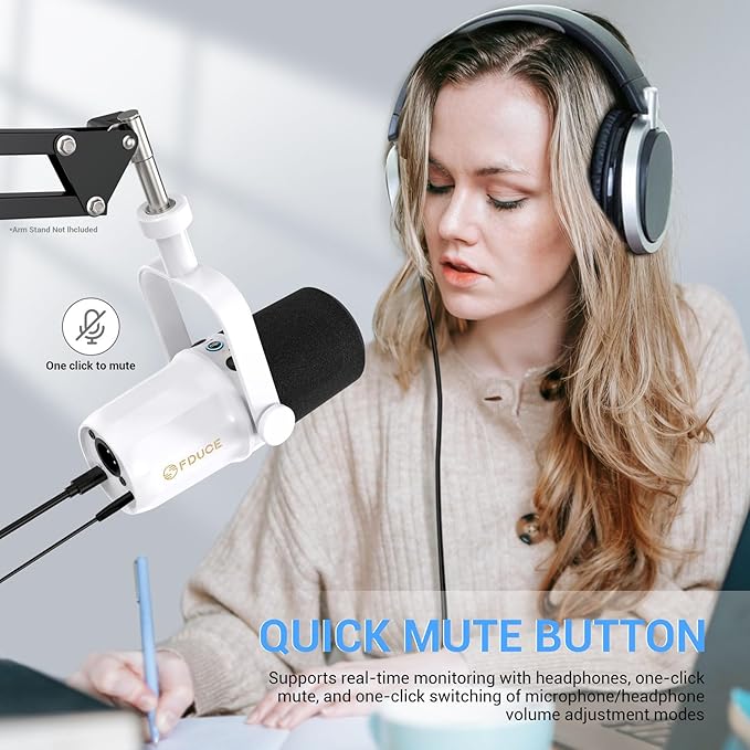 FDUCE SL40 Dynamic Microphone for Podcasting Gaming Live Streaming and Recording Built-in Headphone Output LED Mute Button All-Metal USB/XLR Voice Isolation Technology (White)