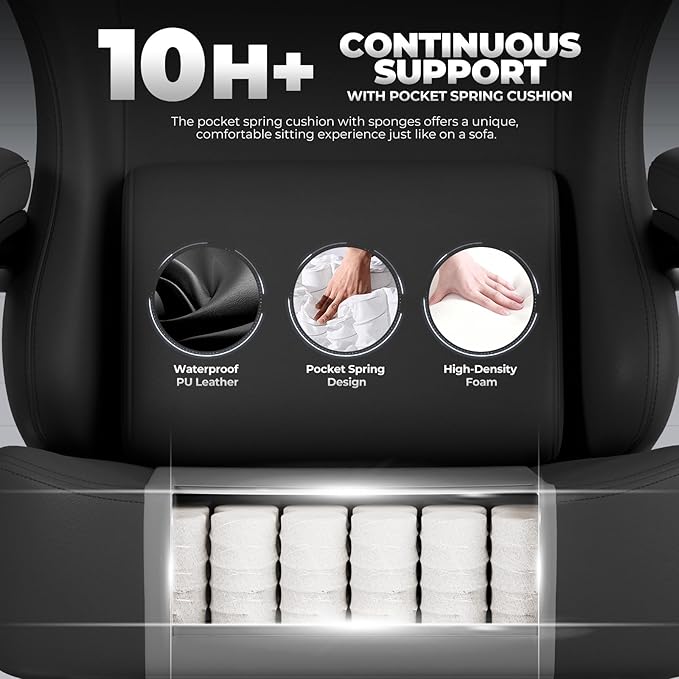 GTPLAYER Gaming Chair with Pocket Spring Cushion Big and Tall Gamings Chairs 350LBS High Back Computer Chair with Footrest for Adults Lumbar Support Swivel Game Chair for OfficeLeather Black-Massage