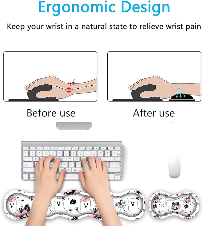 Keyboard Wrist Rest SetMemory Foam Wrist Support Mouse Pad31.5x11.8 Desk Mat for Comfortable Typing &amp Pain ReliefNon-Slip Base for Office &amp Home Use - Cute Ghost Skull Pumpkin