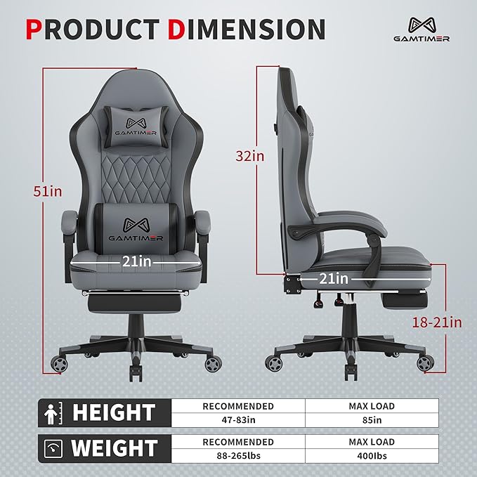 Gaming Chair with Footrest Ergonomic Computer Chair PU Breathable Material with Headrest and Lumbar Support Suitable for Silla Gamer and Adults（Grey