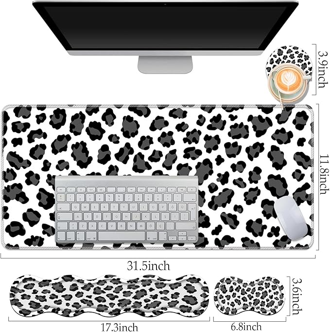 Keyboard Wrist Rest and Mouse Pad Set31.5x11.8 Inches Desk MatWaterproof Non-Slip Ergonomic Wrist Support for Pain ReliefExtended Desk Protector for Office Home GamingLeopard Print