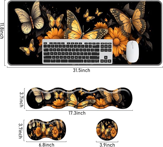 Keyboard Mouse Pad SetLarge Mouse Pad+Keyboard Wrist Rest+Wrist Support+Coaster31.5x11.8in Extended Desk Mat for Computer Laptop Office Home- Flower Butterfly