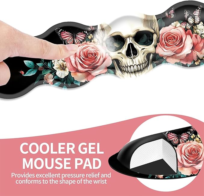 Large Gaming Mouse Pad Keyboard Wrist Rest Pad &amp Wrist Support Mousepad Set Stitched Edge Extended Non-Slip Base Memory Foam Desk Mat for Office HomeFloral Skull