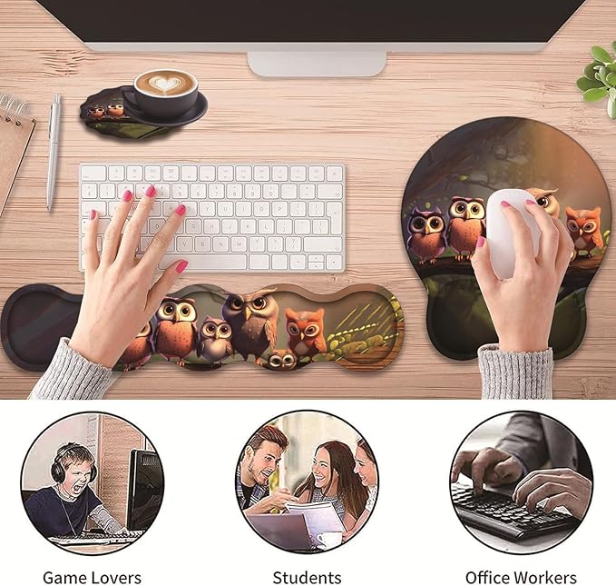 3 in 1 Keyboard Wrist Rest + Mouse Pad and Coaster Ergonomic Gel Mouse Pad and Keyboard Pad Set Comfortable Lightweight for Easy Typing Pain Relie Cute Owl