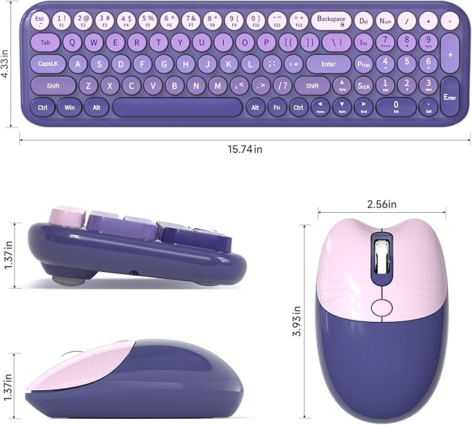 Wireless Keyboard and Mouse Combo MOWUX Compact Typewriter Retro Round Computer Keyboard Cute Optical Mouse Wireless Plug and Play for Laptop PC Computer- Purple Gradient