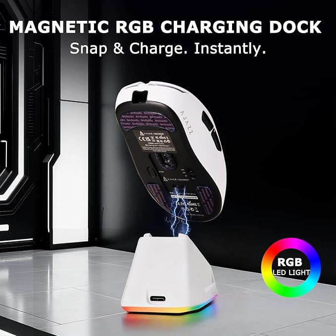 AJ179PRO PAW3395 26000 DPI Gaming Mouse 8000Hz Polling Rate 58g Ultra-Light Tri-Mode (2.4G/Wired/Bluetooth 5.2) Magnetic RGB Charging Dock Ergonomic Right-Hand Design White