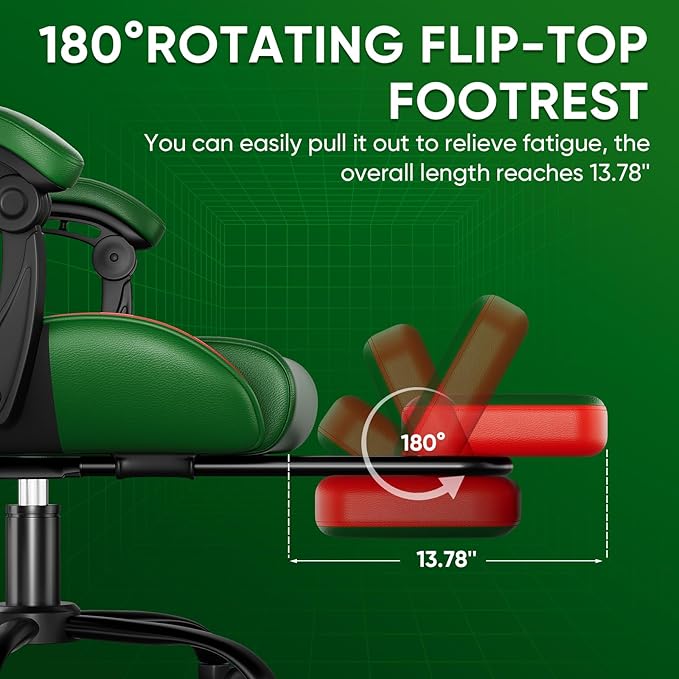 Gaming Chair Lumbar Support Massage Computer Chair High Back Gamer Chair with Footrest and Headrest Lumbar Pillow Recline Wide Seat Gaming Chairs for Christmas/Birthday Gifts Green